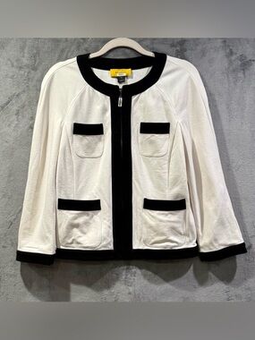 St John Collection White Black Trim Zip Front Knit Jacket Size 10 Quiet Luxury